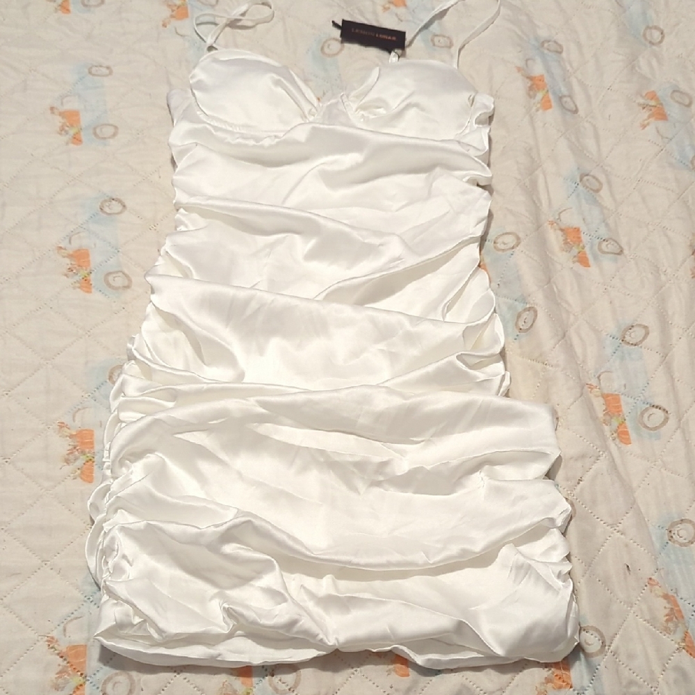Lemon Lunar Co. White Satin Ruched Bodycon Mini Dress Spaghetti Strap